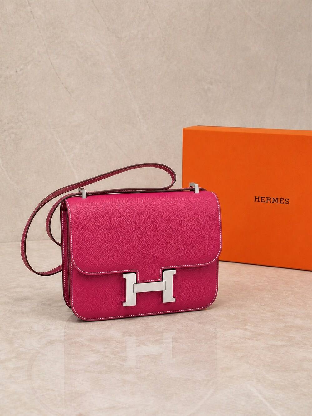 Hermes Rose Extreme Epsom Leather Shoulder Bag | Constance 24